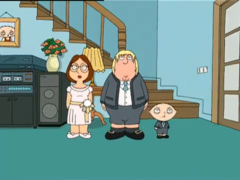 A Family Guy Cartoon Is Standing In A Living Room Next To Stairs . GIF