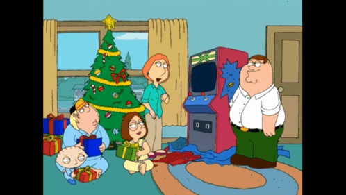 A Family Guy Cartoon Scene With A Christmas Tree And A Video Game GIF