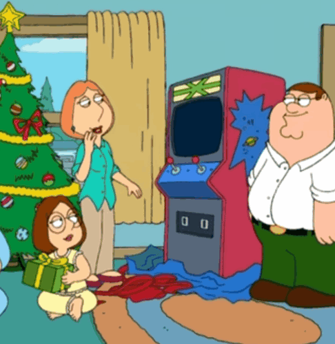 A Family Guy Cartoon Shows A Girl Holding A Gift In Front Of A Christmas Tree GIF