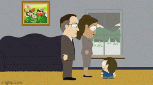 A Family In A Living Room With A Picture Of Flowers On The Wall Above Them GIF