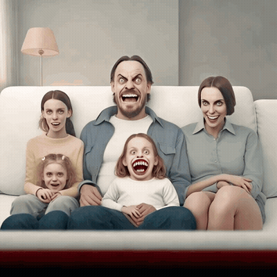 A Family Is Sitting On A Couch With Their Faces Drawn On GIF