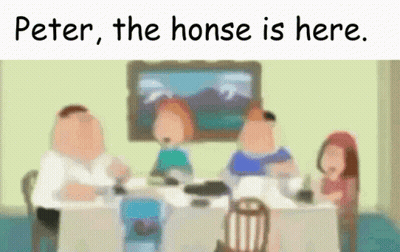 A Family Sits Around A Table With The Words Peter The Horse Is Here On The Bottom GIF