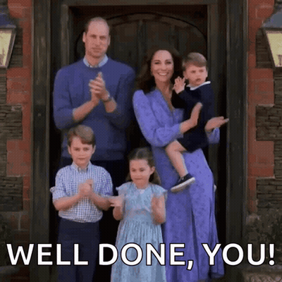 A Family Standing In Front Of A Door With The Words Well Done , You On The Bottom . GIF