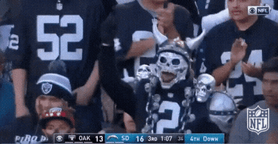 A Fan Wearing A Viking Helmet And A Skull Mask Is Watching A Football Game . GIF