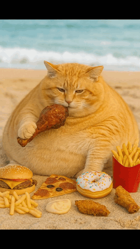 A Fat Cat Is Eating A Chicken Leg Surrounded By Hamburgers French Fries And Donuts GIF