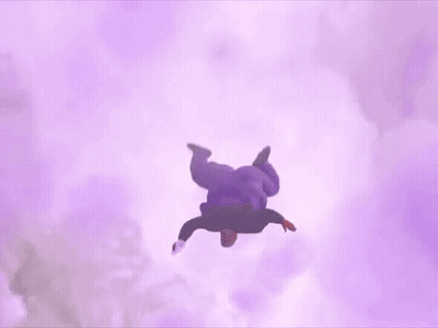 A Fat Man In A Purple Shirt Is Flying Through The Air Holding A Wii Remote . GIF