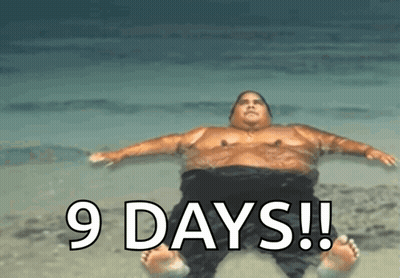 A Fat Man Is Laying On The Beach With The Words 9 Days Written Above Him GIF