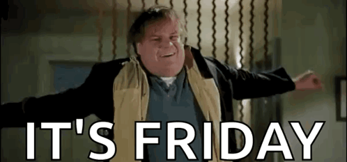 A Fat Man Is Standing In A Room With His Arms Outstretched And The Words `` It 'S Friday '' . GIF