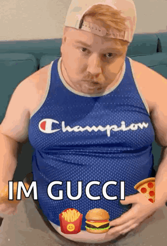 A Fat Man Wearing A Champion Tank Top Is Holding His Belly .. GIF