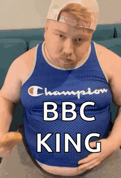 A Fat Man Wearing A Champion Tank Top Is Holding His Belly GIF