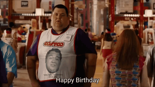A Fat Man Wearing A Costco Apron Says Happy Birthday GIF