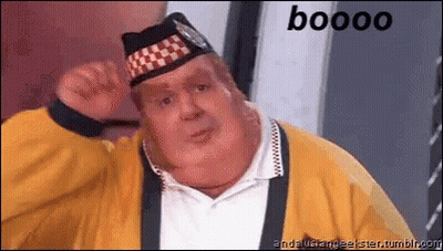 A Fat Man Wearing A Hat And A Yellow Jacket With The Word Booo On The Bottom GIF
