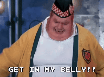 A Fat Man Wearing A Yellow Jacket And A Hat Is Saying Get In My Belly . GIF