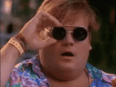 A Fat Man Wearing Sunglasses And A Colorful Shirt Is Looking Through His Glasses . GIF