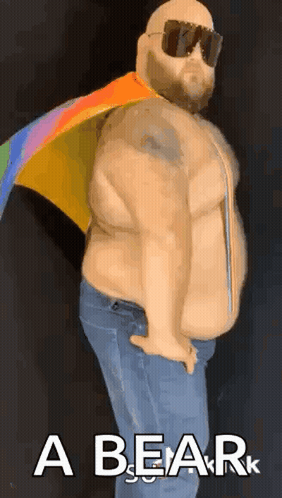 A Fat Man With A Rainbow Flag Around His Neck Is Wearing Sunglasses And A Cape . GIF