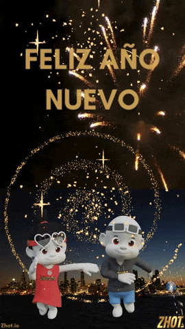 A Feliz Ano Nuevo Greeting Card With A Couple Of Cartoon Characters Dancing In Front Of Fireworks GIF