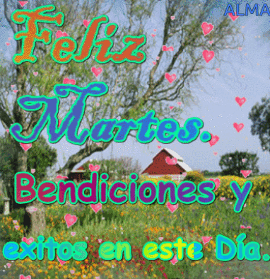 A Feliz Martes Greeting Card With A Red Barn In The Background GIF