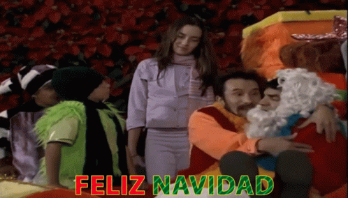 A Feliz Navidad Greeting Card With A Group Of People And Santa Claus GIF