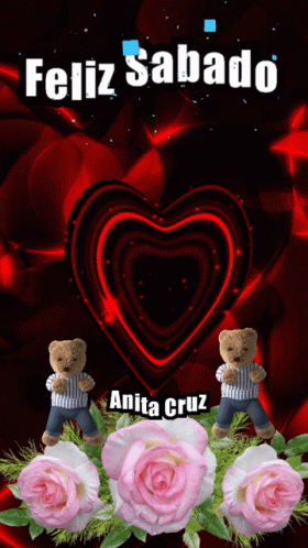 A Feliz Sabado Greeting Card With Two Teddy Bears In Front Of A Heart GIF