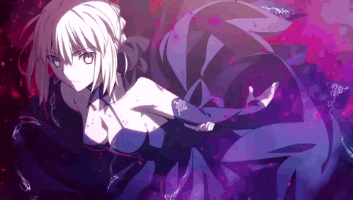 A Female Anime Character In A Purple Dress Is Standing In A Dark Room . GIF