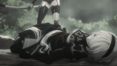 A Female Anime Character Laying On The Ground With A Sword Behind Her GIF