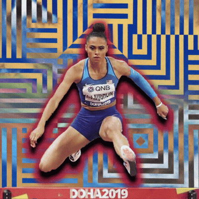 A Female Athlete Is Jumping Over A Hurdle That Says Doha 2019 On It GIF