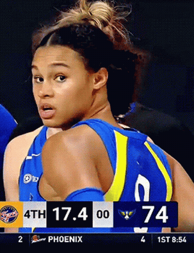 A Female Basketball Player Stands In Front Of A Scoreboard That Says 4Th 17.4 00 74 GIF