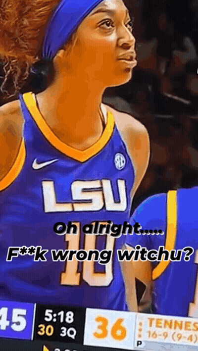 A Female Basketball Player Wearing A Blue And Yellow Lsu Jersey Is Standing On A Court . GIF