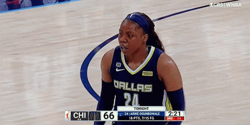 A Female Basketball Player Wearing A Dallas Jersey Stands On The Court GIF