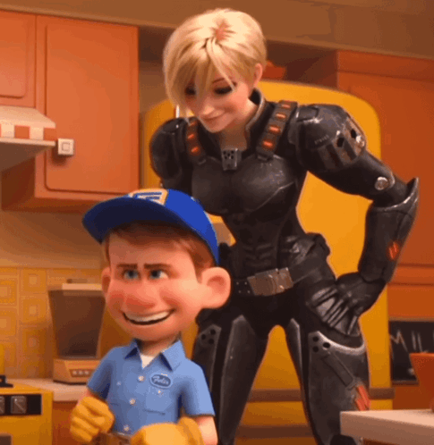 A Female Cartoon Character Stands Next To A Male Cartoon Character Wearing A Blue Hat That Says Fixit GIF