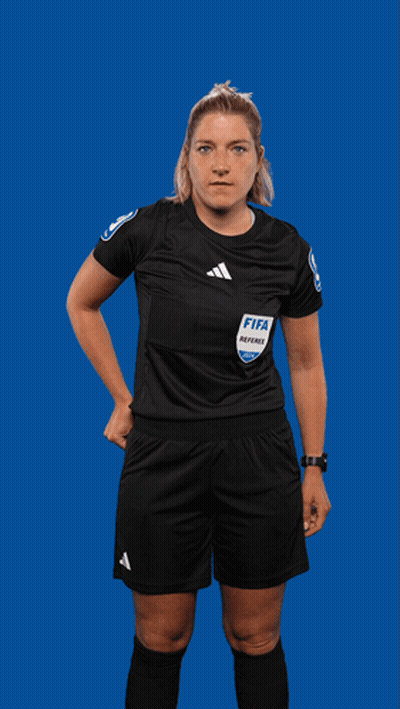 A Female Referee Holds Up A Red Card With The Word Fifa On It GIF