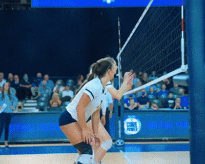 A Female Volleyball Player Stands In Front Of A Net With A Blue Banner That Says Fox Sports GIF