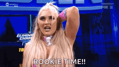 A Female Wrestler Is Holding Her Hand To Her Head And Saying Rookie Time . GIF