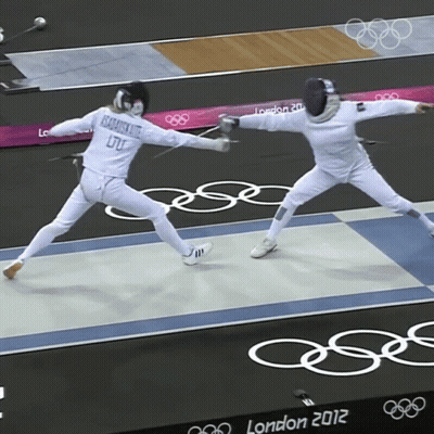 A Fencer Wearing A Blue Shirt That Says Kazakhstan On It GIF