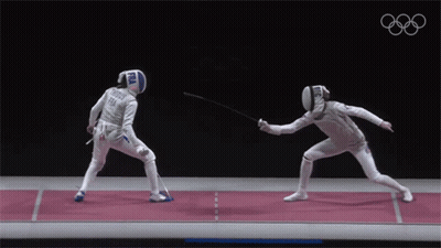 A Fencer Wearing A Helmet With The Word Fra On It Is Fighting Another Fencer GIF