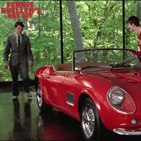 A Ferris Bueller 'S Day Off Poster With A Man In A Suit Standing Next To A Red Car GIF