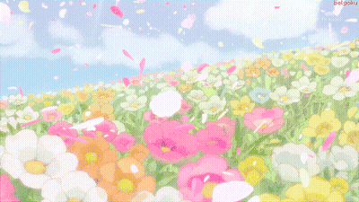 A Field Of Flowers With Petals Falling From The Sky And The Words Bielgoku On The Bottom GIF