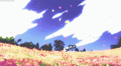 A Field Of Pink Flowers With A Blue Sky In The Background And The Words Omayocelestia On The Bottom GIF