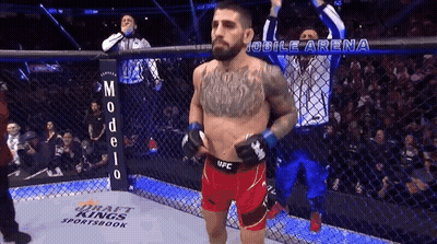 A Fighter In A Cage With A Banner That Says Mobile Arena On It GIF
