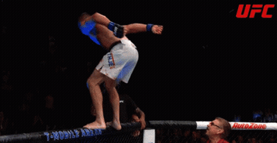A Fighter Is Being Lifted In The Air In Front Of A Sign For Geico GIF