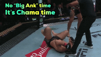 A Fighter Is Laying On The Ground With The Words " No Big Ank " Time It 'S Chama Time Above Them GIF