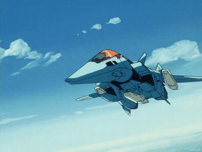A Fighter Jet Is Flying Through A Blue Sky With A Few Clouds In It GIF