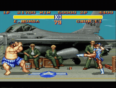 A Fighter Jet Is In The Background Of A Video Game Where A Woman Is Kicking A Man GIF