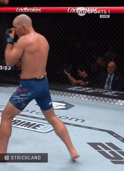 A Fighter Named Strickland Is In A Cage During A Fight GIF