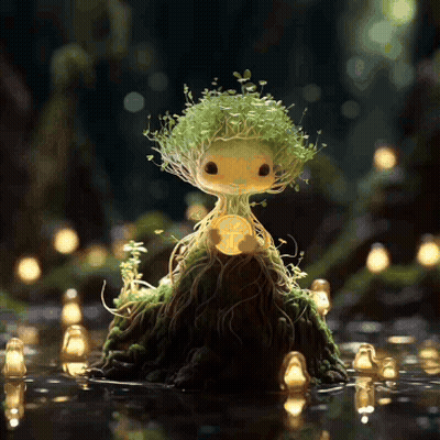 A Figurine Of A Tree With Roots And Leaves GIF
