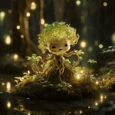 A Figurine Of A Tree With Roots And Leaves On It GIF