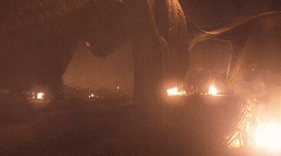 A Fire Is Burning In A Dark Area With A Few Buildings In The Background GIF