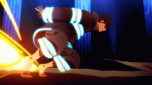 A Fireman Is Kneeling Down In A Dark Room With A Light Coming Out Of His Legs GIF