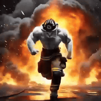 A Fireman Is Running In Front Of A Huge Explosion GIF