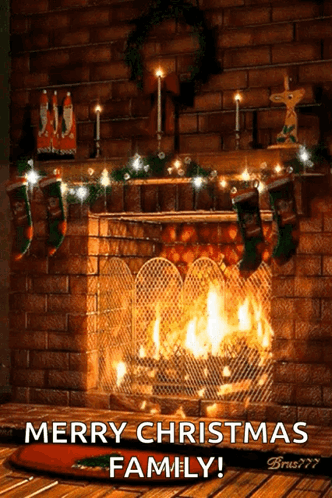 A Fireplace With Christmas Stockings Hanging From It And The Words Merry Christmas Family Below It GIF